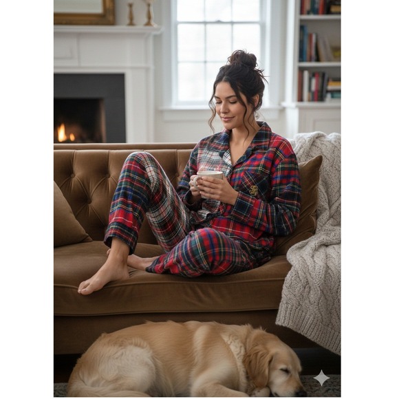 Lauren Ralph Lauren Women Plaid Patchwork Pajama Set Sleepwear Top Pants S NWT - Picture 2 of 4